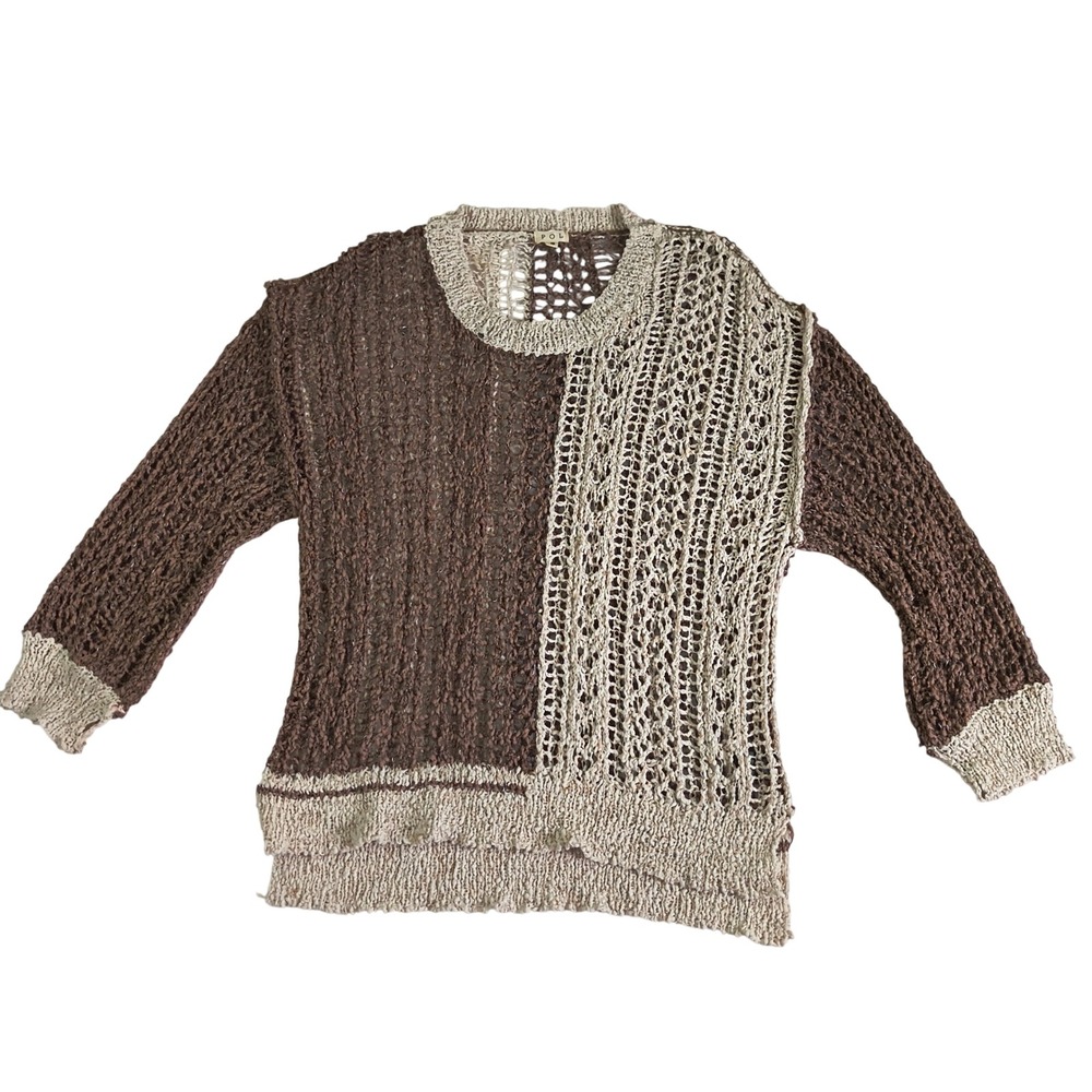 POL Boho Mixed Knit Sweater Womens‎ Small Brown Cream Open Knit Cottagecore